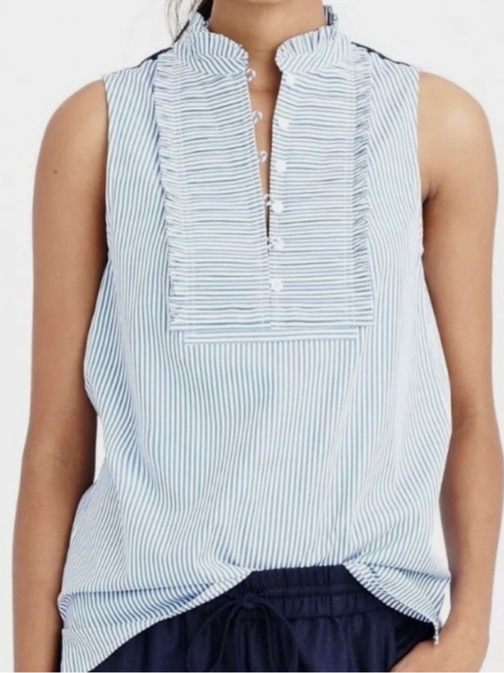 J. Crew Blue White Striped Sleeveless Ruffle Pleated Bib Blouse Shell Sz 10
